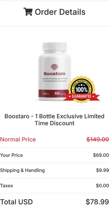 Boostaro 1-bottle order summary at checkout, October 12, 2026